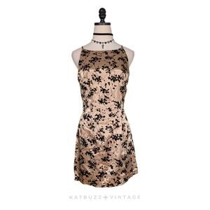 Vintage XOXO Mini Dress S Gold Tan Black Grunge Goth Hoco Cocktail Satin Glam